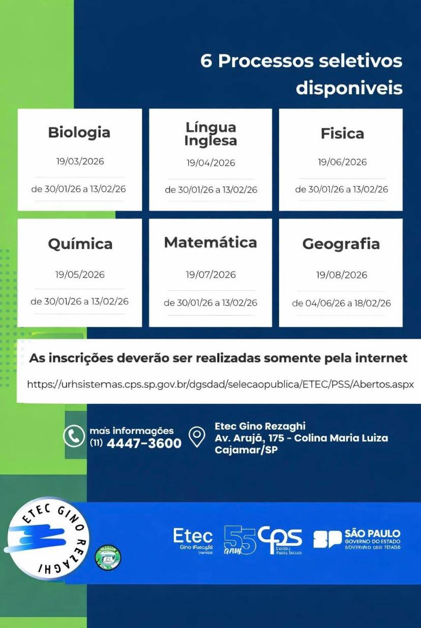 Vaga para Professores na ETEC de Cajamar (Gino Rezaghi) 📚✨